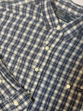 Ralph Lauren Shirt Mens XXL Blue Plaid Linen Blend Long Sleeve Button Up